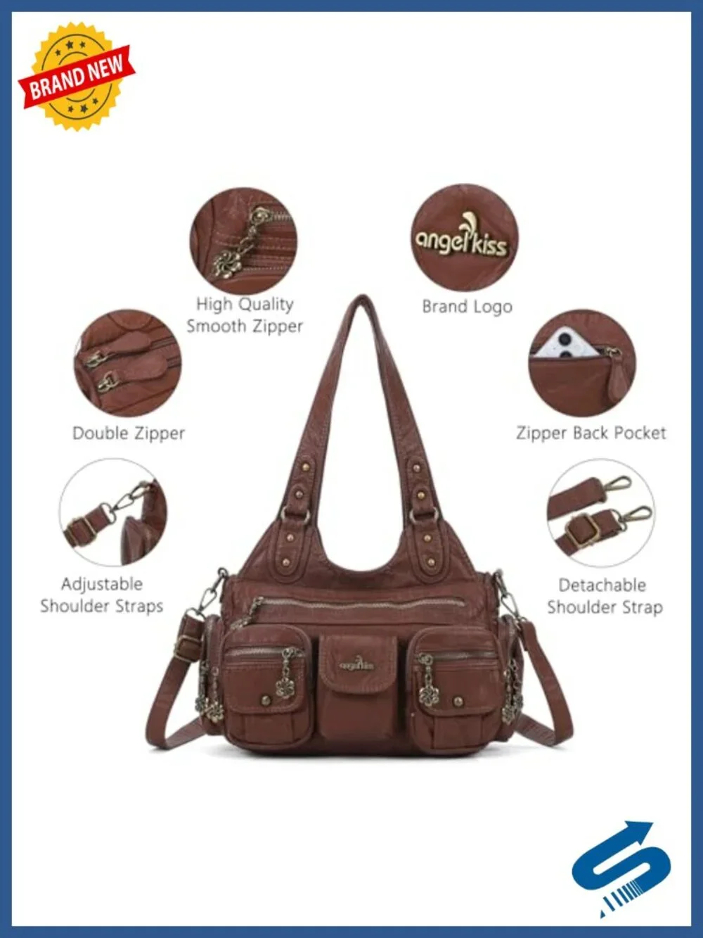 Vegan Leather Hobo Bag Multi-Pocket Shoulder Purse Retro Crossbody